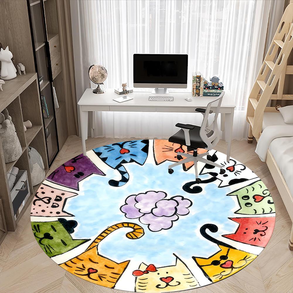 1pc Cat Circle Office Round Area Rug, Indoor Mat Suitable ForOffice, Under Office Chairs Bedroom Living Room Home Decor, Room Decot223