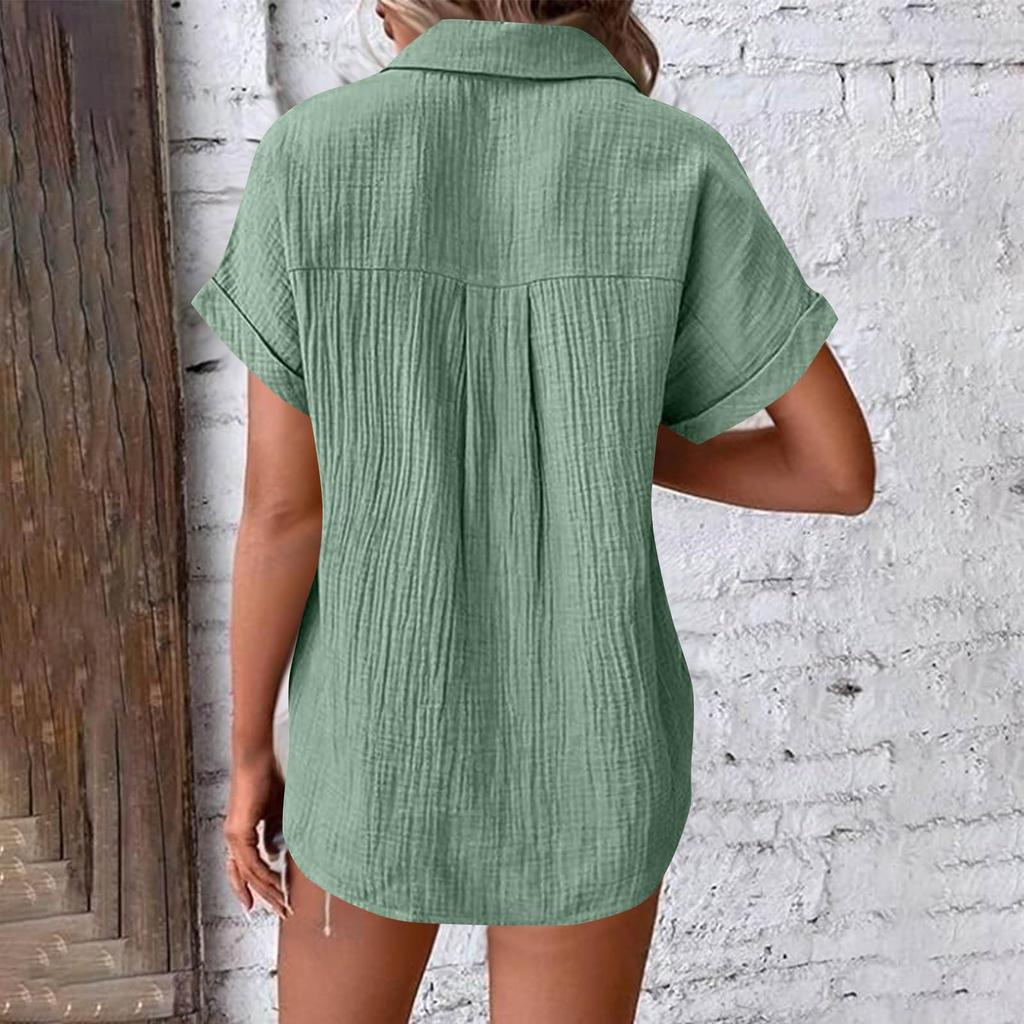 Womens Summer Fashion Color Lapel Casual Button Pocket Short Sleeved Shirt Top