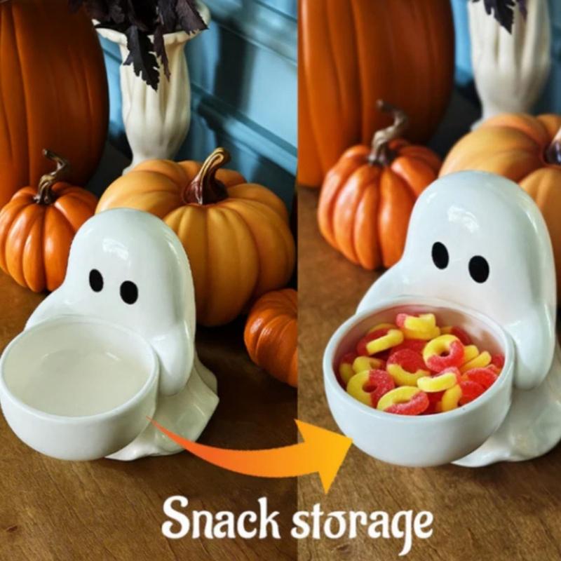 Ceramic Ghostly Figurine Candle Stand Halloween Themed Decorative Accent Candy Serving Tray For Holiday Table Setting