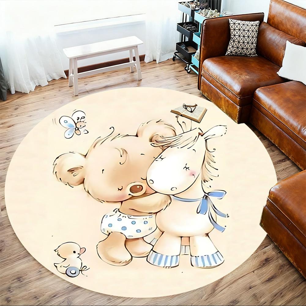 1 szt. mata podłogowa okrągła z misiem i koniem, dywanik do pokoju - antypoślizgowa, mata podłogowa do biura, sypialni i wystroju wnętrz c1125169