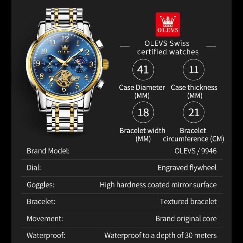 OLEVS Fashion Business Mens Wristwatches Gold Clock Male Stainless Steel Waterproof Calendar Quartz Watches