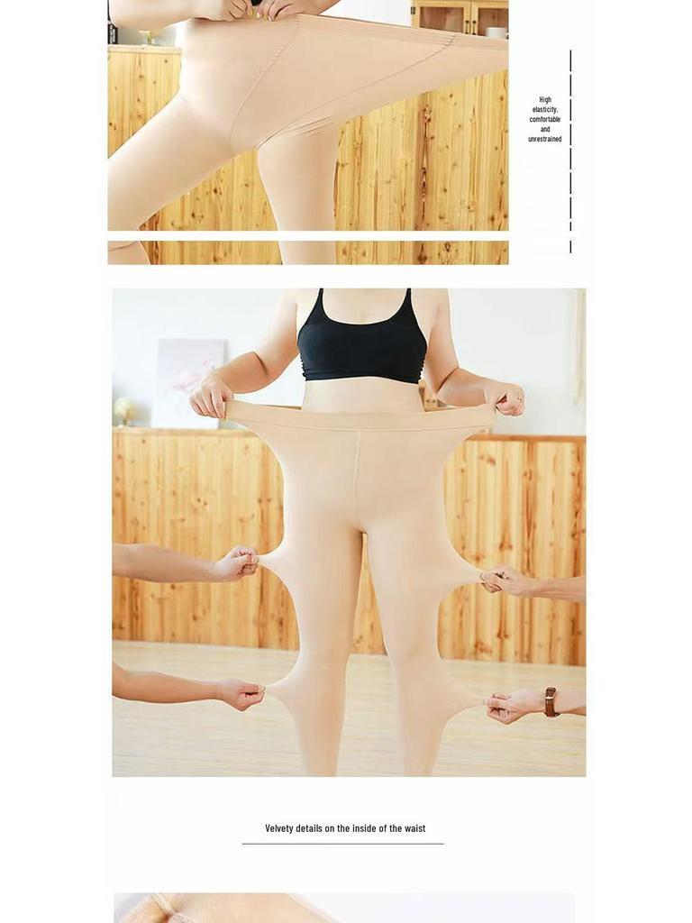 Plus Size Open Crotch Fleece-Lined Nylon Stockings, Thick Warm Leggings for Autumn/Winter