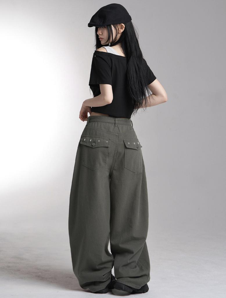 Lupeu Studded Back Pocket Cotton Balloon Long Pants Charcoal