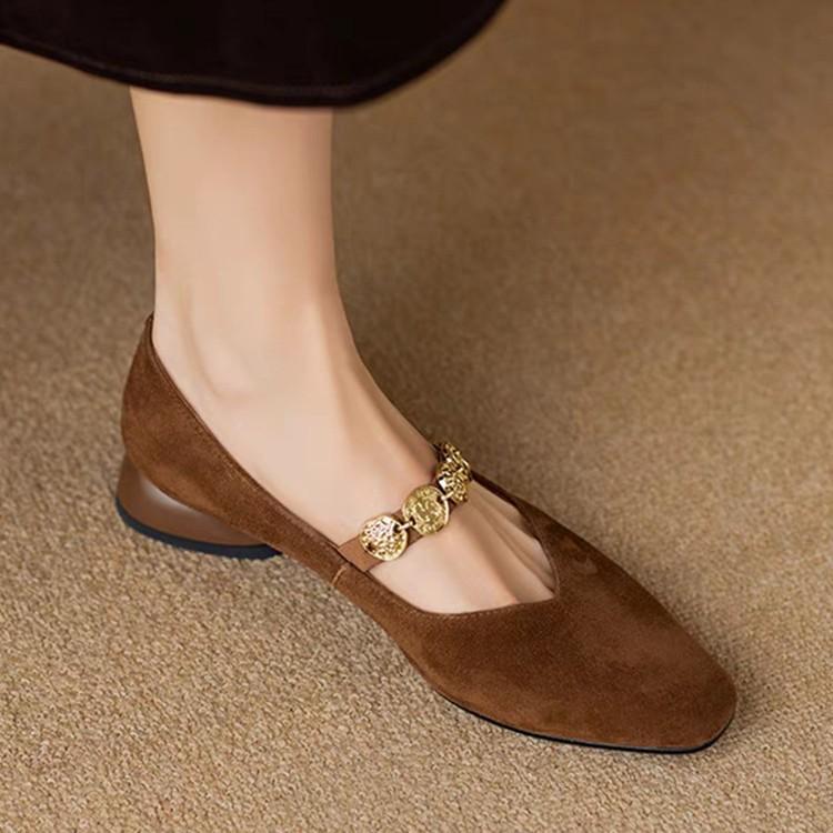 Soft square head gold coin chain Mary Jane shoes women's 2025 new retro French comfortable versatile low heel thick heel single shoes