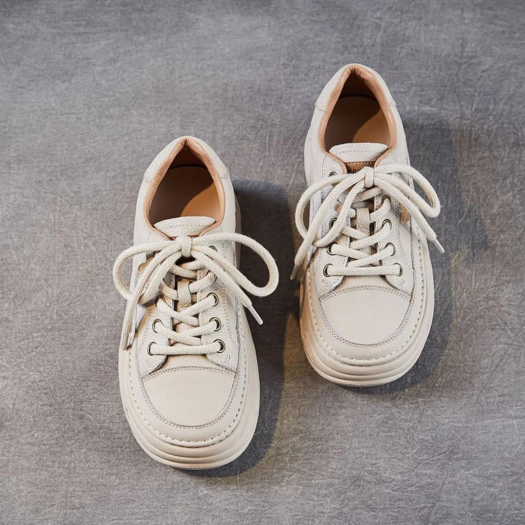 Johnature Pantofi de damă din piele naturală cu talpă groasă pentru creșterea în înălțime, pantofi albi casual confortabili cu talpă plată