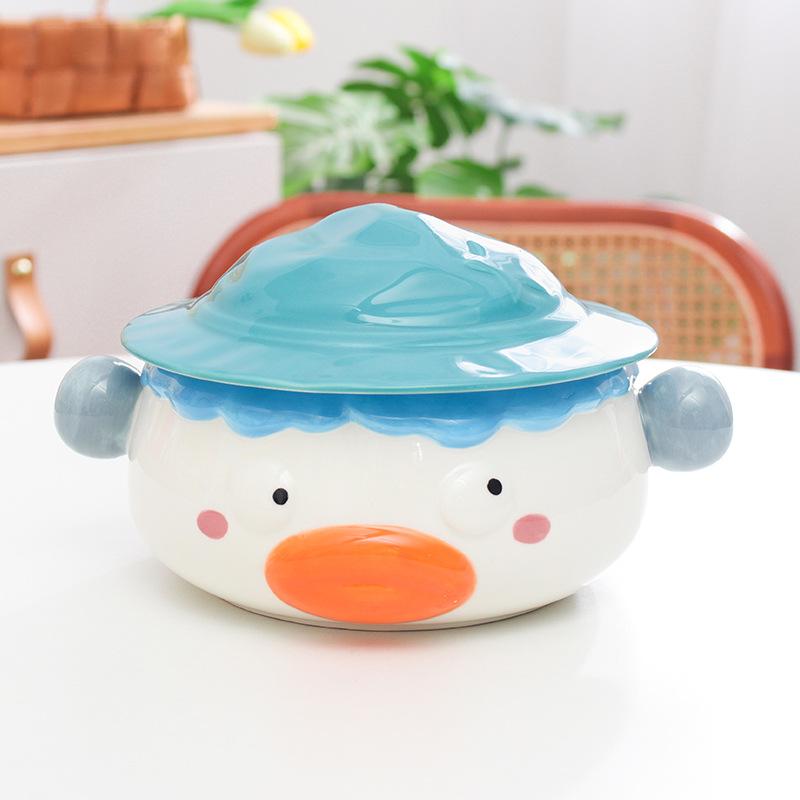 Creative Duckling Ceramic Instant Noodle Bowl with Lid Cute Student Breakfast Instant Noodle Bowl Large Soup Rice Bowl Microwave Oven