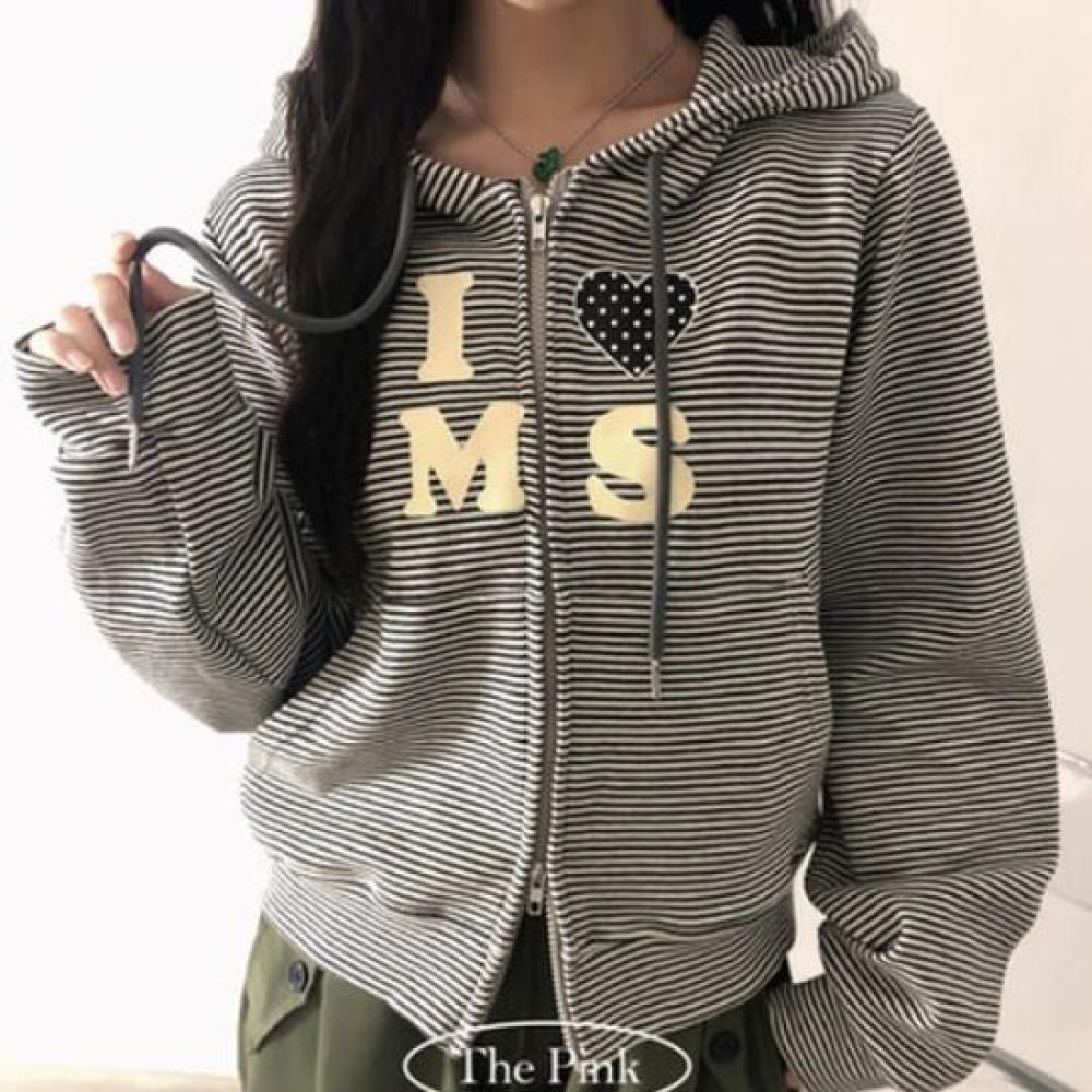 The PInk Women BlIng I Love letterIng strIpe Hooded zIp Up