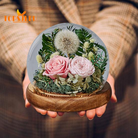 Capac din sticlă cu flori de păpădie veșnică, bază din lemn, cupolă din sticlă infinită păstrată de păpădie, soție iubita soție cadou de Ziua Îndrăgostiților