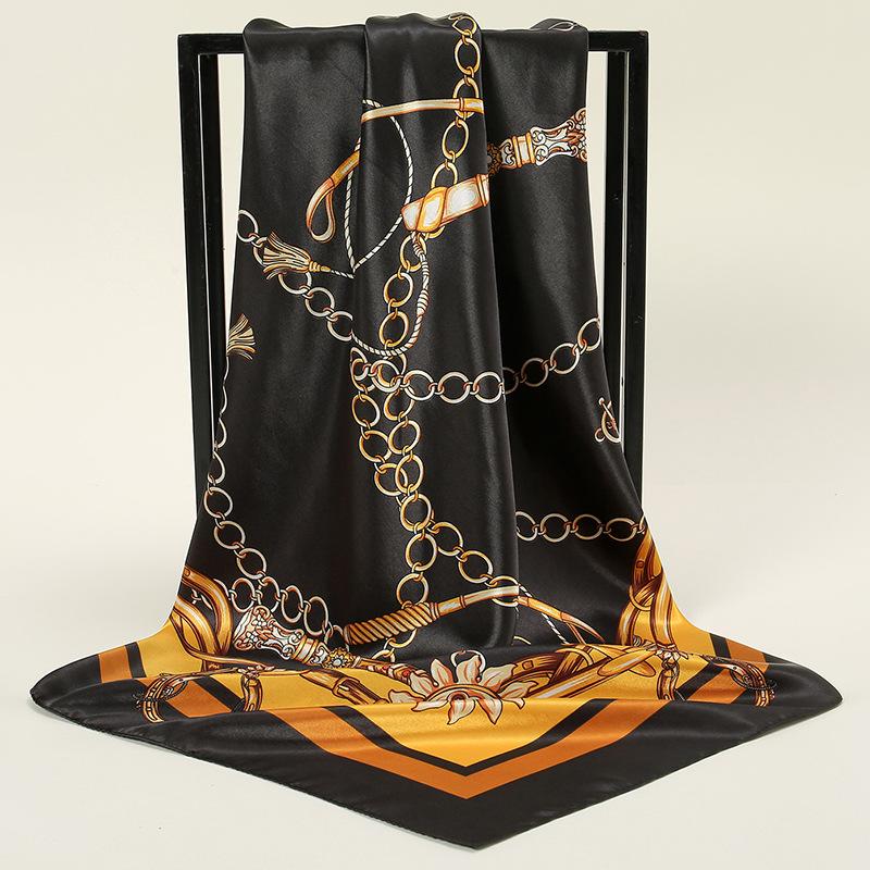 Luxury 90*90CM Vintage Chain Print Shawls Fashion Beach Sunscreen Scarves Kerchief Square Bandannas Satin Headscarves