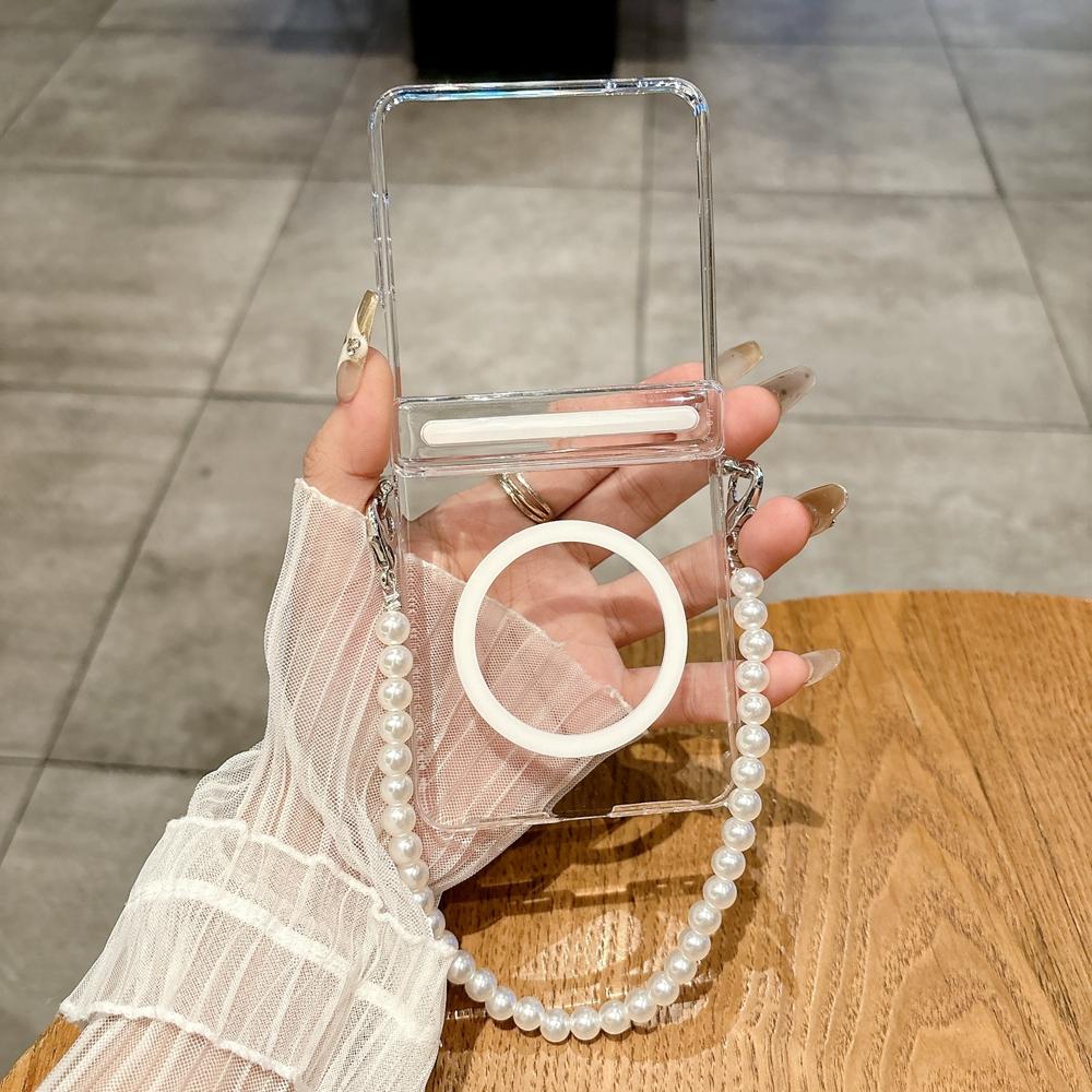 Transparent Pearl Bracelet Case for Samsung Galaxy Z Flip 7 6 5 4 3 Magnetic Hand Wrist Chain Clear Hard PC Cover