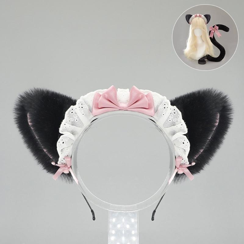 Fasce per Capelli con Orecchie da Gatto Peluche Per Costumi da Cameriera Anni 2000 Accessorio per Capelli Morbido con Fiocco a Nastro 6 Colori