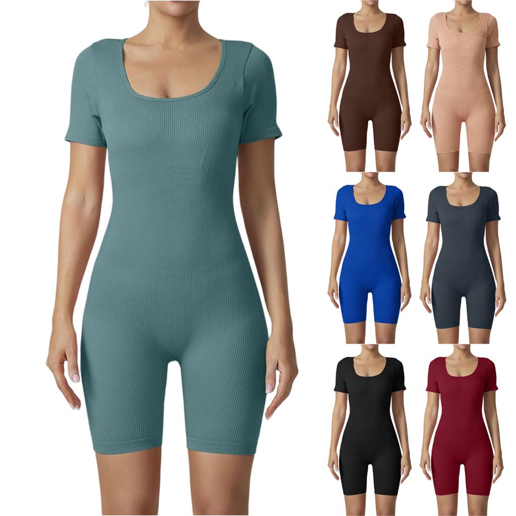 Women's Fashionable U Neck Short Sleeved Tight Fitting Yoga Fitness Jumpsuit