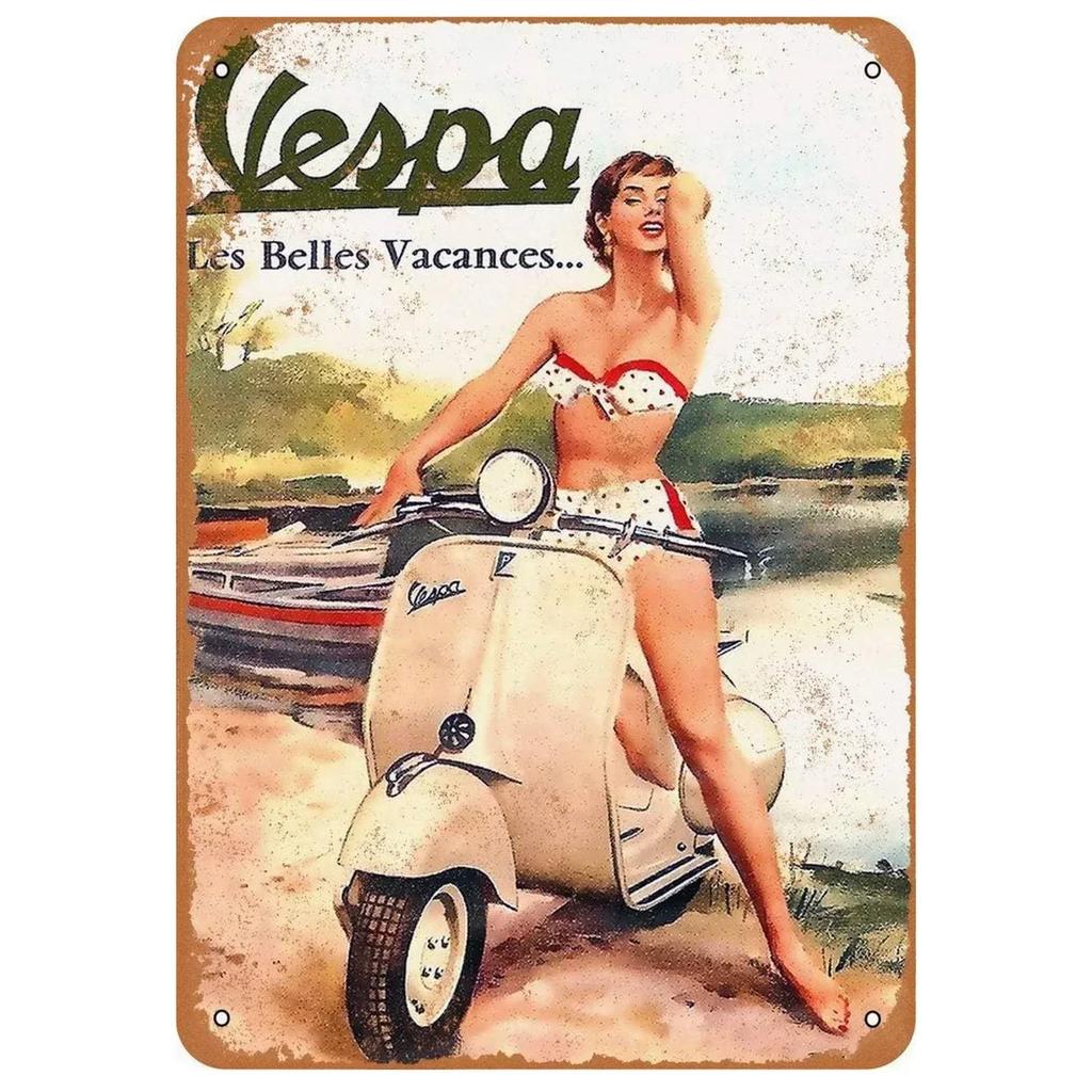 Vespa Motocykl Vintage Kovový Značka" – Retro Umělecká Deska se Skútr Estetikou; Nástěnná dekorace pro domov, kavárnu, zahradu, klub, bar