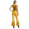 Womens Shiny Sequins Jumpsuit Sleeveless Turn-Down Collar Zipper Rhinestone O-Ring Front Tiered Bell-Bottom Bodysuit