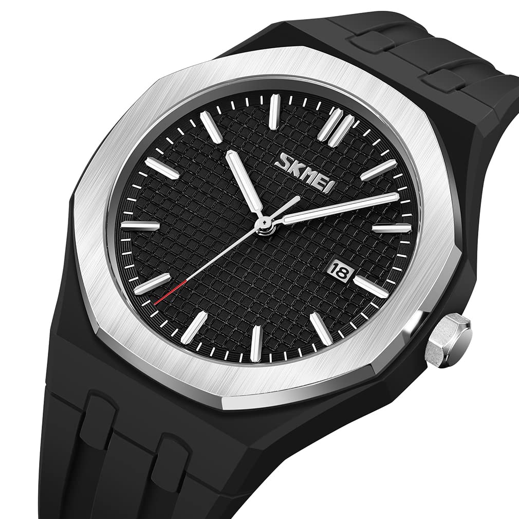 SKMEI Men's Watch, Simple Black Silicone Sport Wristwatch, Waterproof, Stylish Casual Analog Quartz Movement with Large Date Display and Fluorescent