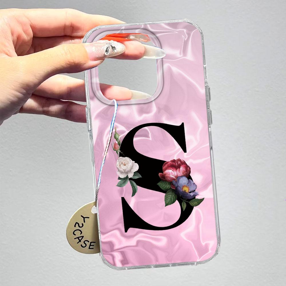 A-Z Black Letter Peony Flower Shockproof Phone Case For Samsung Galaxy A07 A17 A06 A16 A26 A36 A56 A12 A22 Shell Couple Cover