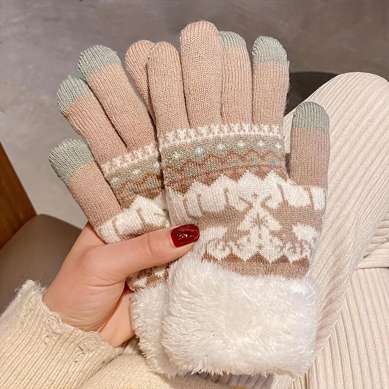 Gants de Noël en tricot jacquard motif renne, manchette en peluche, gants épais et chauds, gants doux et résistants au froid pour écran tactile, automne-hiver