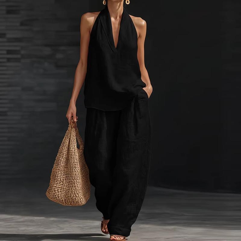 

Summer Women Sleeveless Shirt Halter Vest High Waist Pocket Loose Pants Suit Women Casual Two Piece Female Loungewear Ses XS чёрный