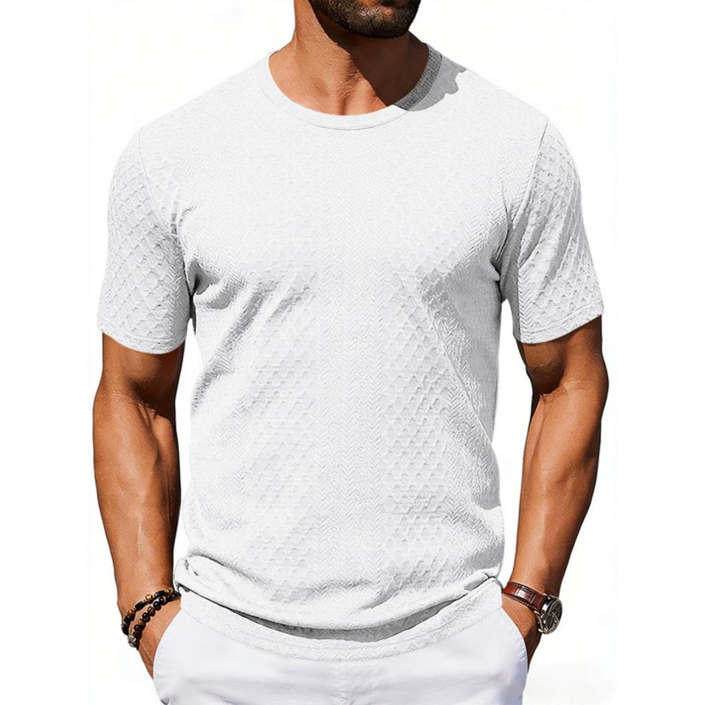 Men's Casual And Fashionable -color Textured T-shirt With Round Neck And Short Sleeves