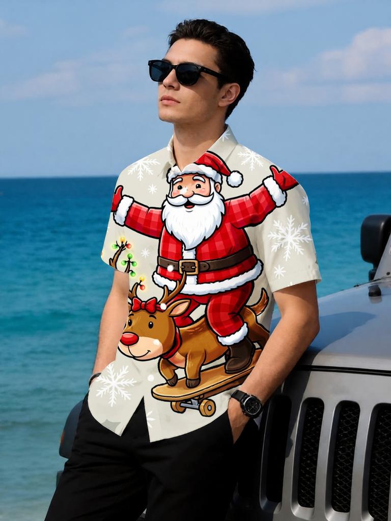 [Print Design - Not Textured] Christmas Men'S Short Sleeve Hawaiian Shirt Top Comfortable Breathable Fabric Lapel Santa Claus Digital Print 3D Fashion