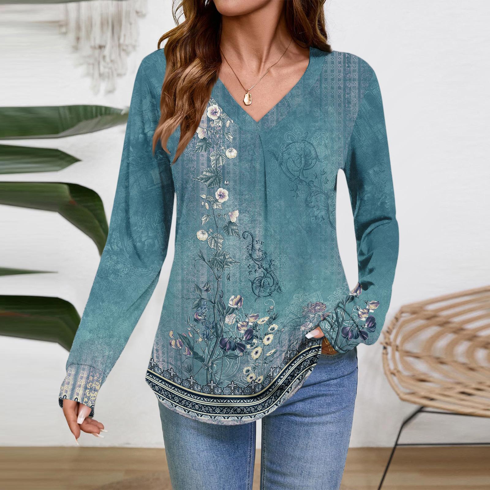 

Жіночі Топи з Довгим Рукавом Ошатно-Повсякденні Футболки з V-подібним Вирізом Базові Футболки Одяг для Відпустки Осінньої Моди XXL