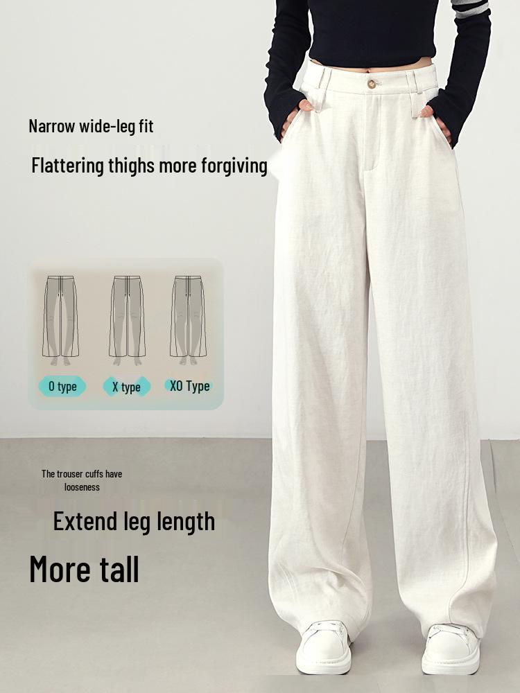 White Linen Loose-Fit Old Money Style Women’s Elastic Waist Wide-Leg Trousers, Casual Spring 2026 Collection