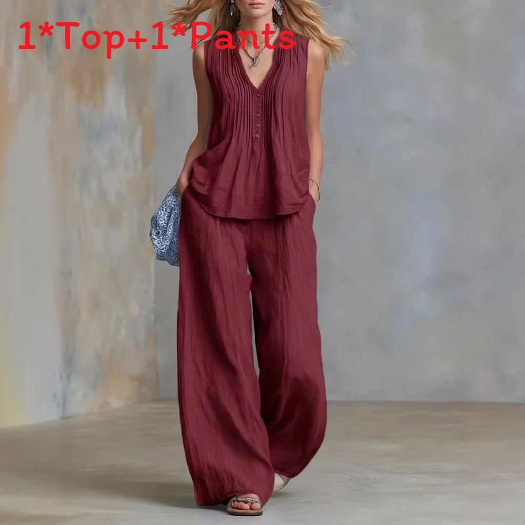 Casual Sleeveless Vneck Pants Set For Women With Polyester Splicing Style For Summer