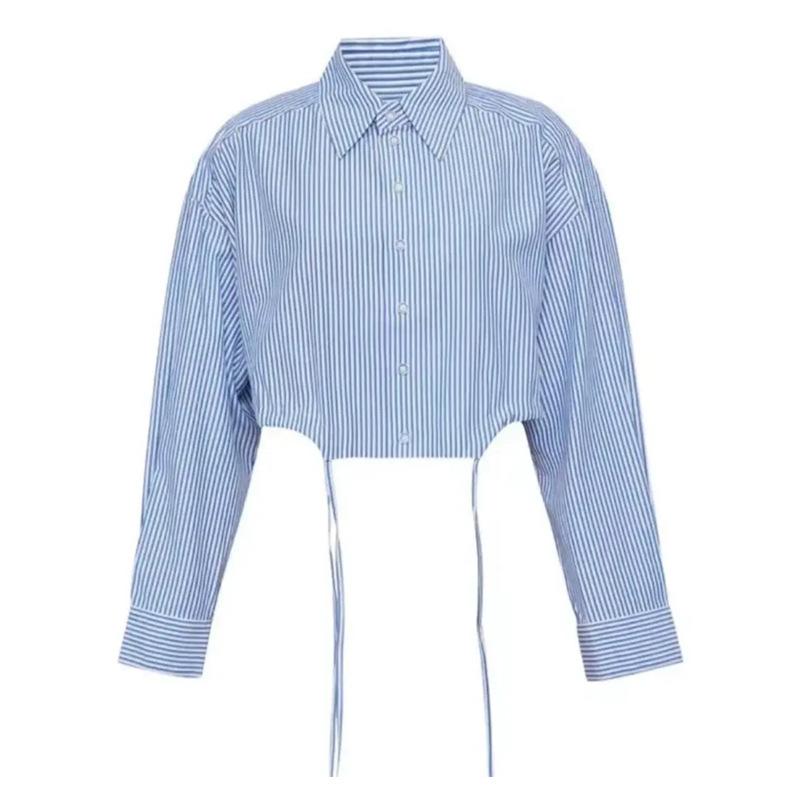 Shopping mall spring and autumn new versatile lapel striped lace-up short long-sleeved shirt 1111971