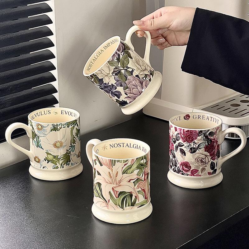 Retro Literární Francouzský Tištěný Hrnček Kreatívny Pastoračný Štýl Rastlinný Kvetinový Štýl Keramická Súprava Pohárov na Vodu