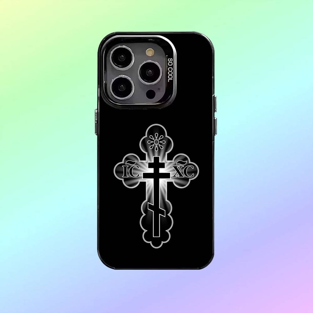 O-Orthodox Cross Icon Phone Case For iPhone17,16,15,14,13,12,11 Lens Border Silver Plated Cover Candy Matte Cover
