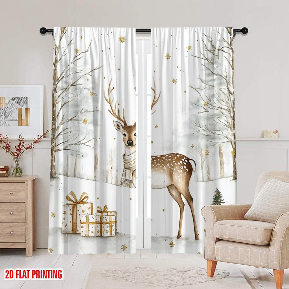 2pcs 2D Flat Printing Christmas Scene Curtain Elk2 Polyester Fabric Without Electricity Family Party Use for Indoor Celebrations