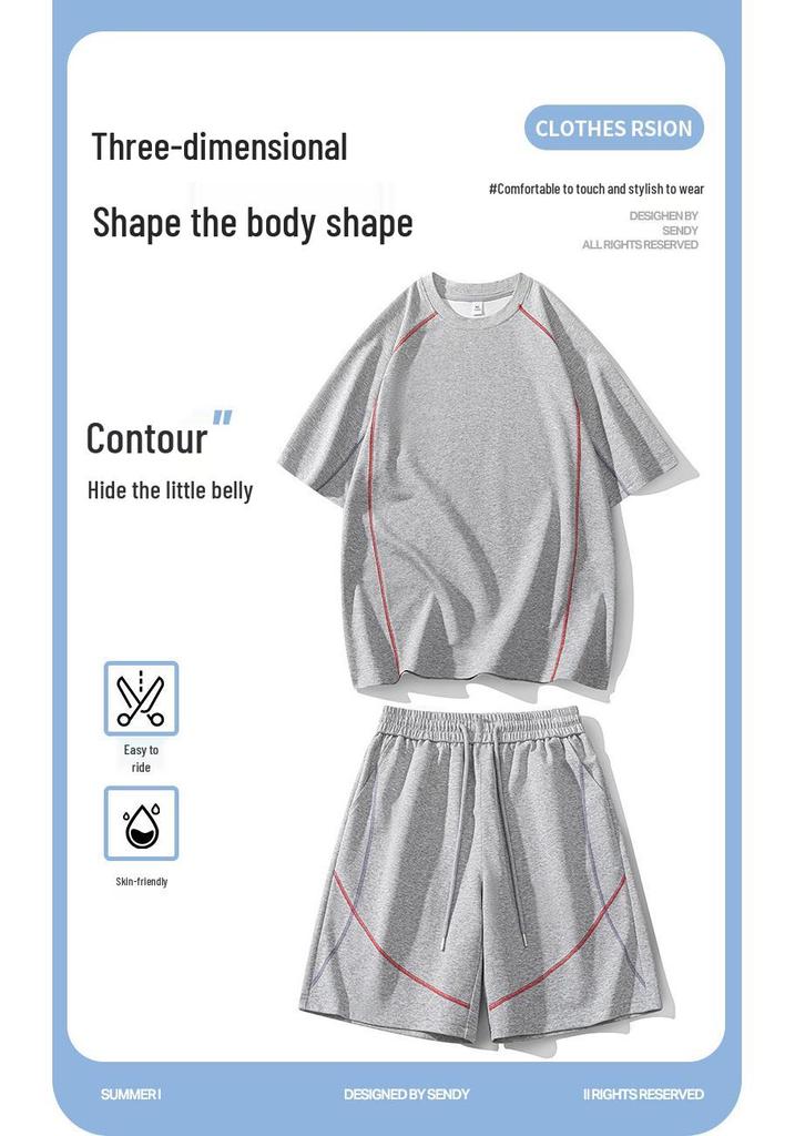 Men's Plus Size Casual Hong Kong Style Summer Sportswear Set: Loose Round Neck T-Shirt & Short Sleeve Capris 2-Piece.