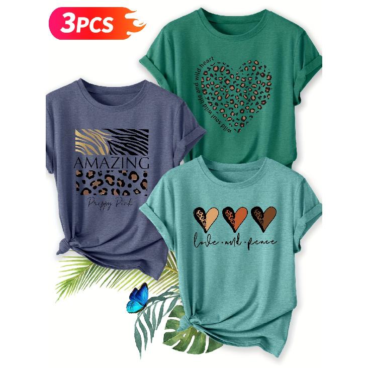 Three-piece set Elegant short-sleeved shirt for women Leopard print, zebra print“AMAZING”+ Wild love + Love and Peace Printed Round Neck Women's