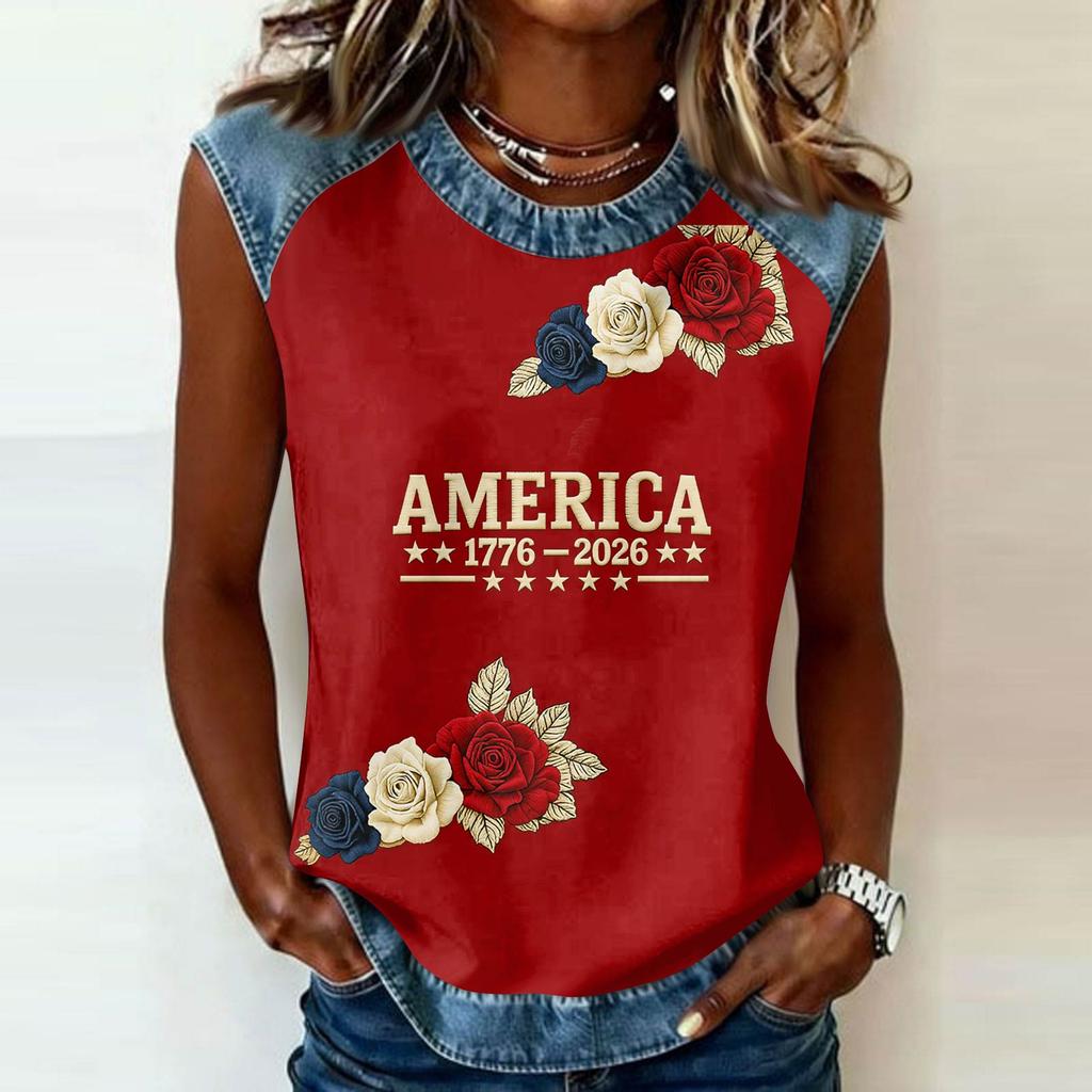 Women's Casual Sleeveless Pullover Top Crew Neck Tank Shirt 250th Anniversary Graphic Print Sleeveless Tee for Summer