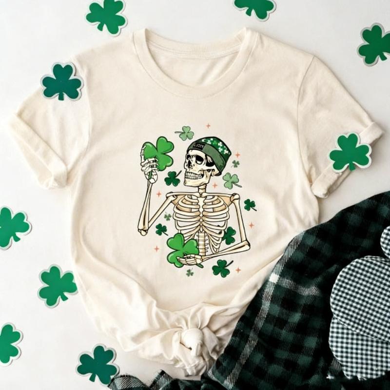 Patricks St Pattys Skeleton Dancing Funny Irish Shirt Saint Day Shamrock Unisex Graphic Tshirts Crewneck Regular Short Sleeve