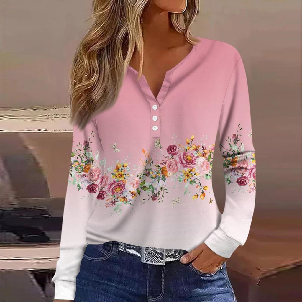 Damen-T-Shirt, T-Shirt, Knopfleiste, langärmelig, für den Alltag, Wochenende, modisch, Basic, V-Ausschnitt, normales Oberteil