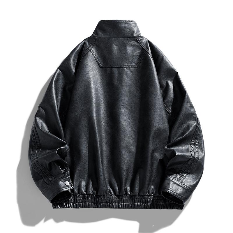 American retro PU leather jacket men's autumn loose trendy brand large size jacket top men's trendy stand-up collar windproof jacket
