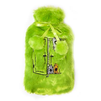 Cats Green Hot Water Bottle with Soft Plush Cover, 2 L.