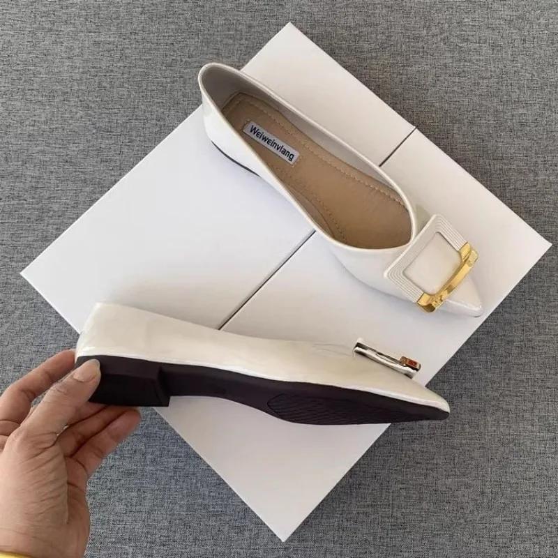 Pantofi Negri Pantofi Plați cu Vârf Pantofi Joker din Piele Lăcuită Confortabili cu Talpă Moale Pantofi Lok Fu Mărimi Mari Pantofi pentru Femei