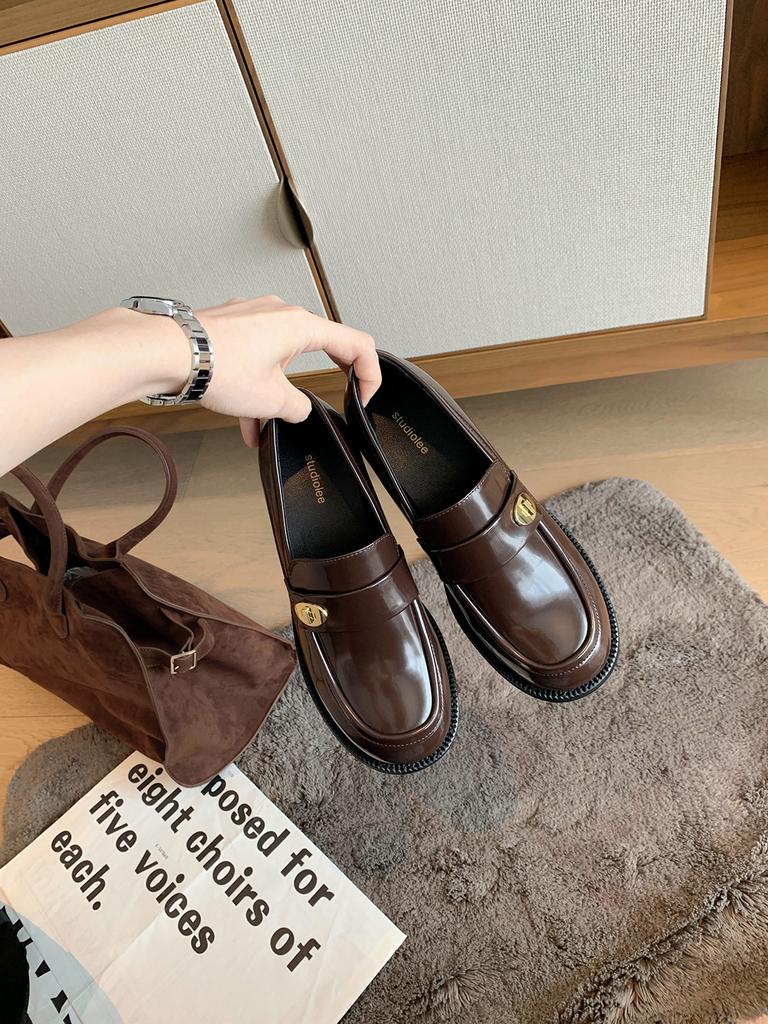 Whole Cowhide~ Grape Mother Versatile Round Head Small Gold Buckle One Pedal Thick Heel Leather Loafers Women's Autumn Small Leather Shoes Women