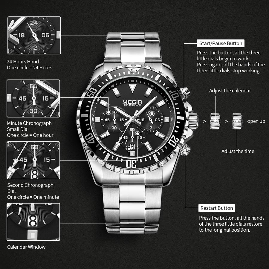 MEGIR Original Luxury Business Men Quartz Watch Stainless Steel Chronograph Men's Sport Wristwatch Clock Relogio Masculino 2064
