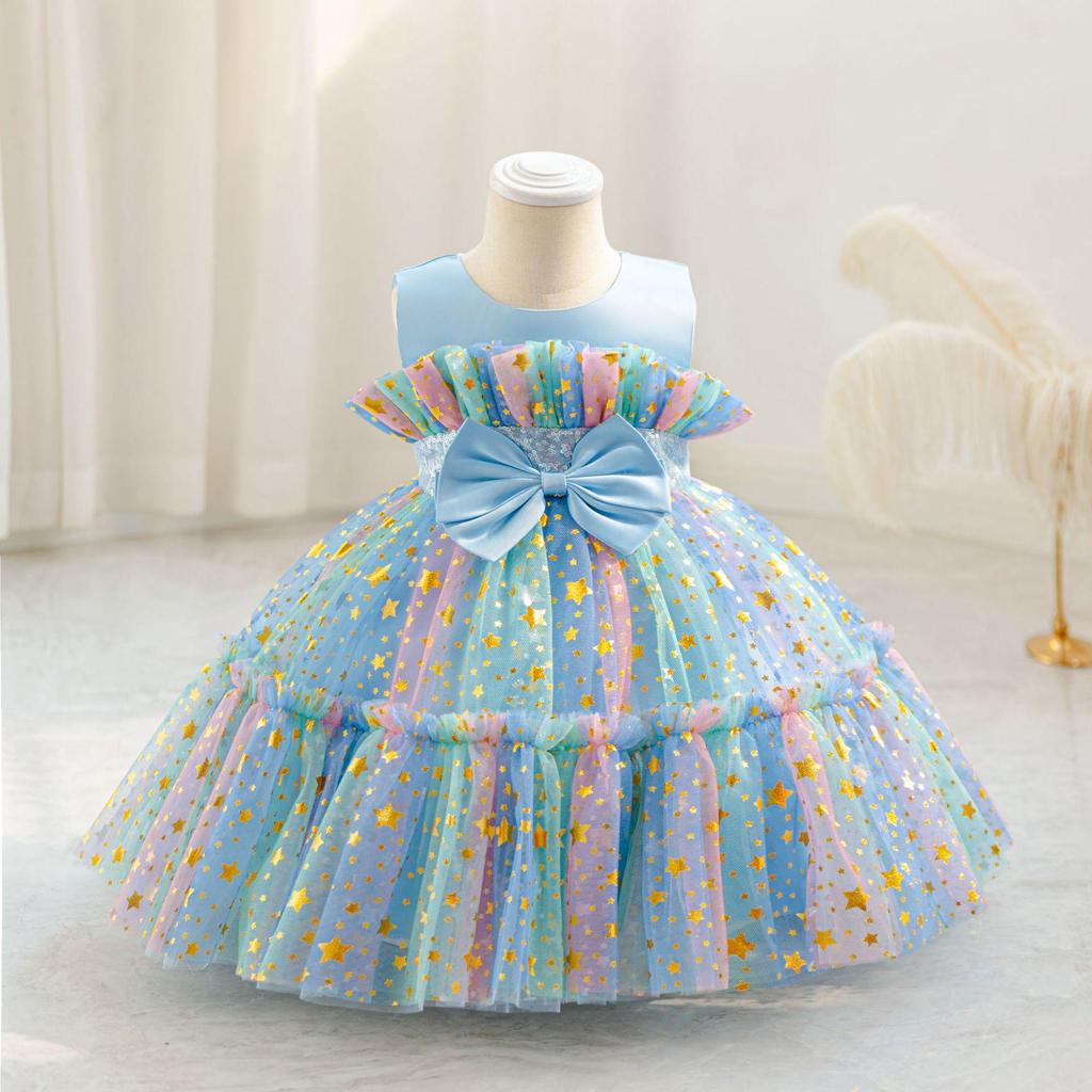 Summer 2025 Girls' Star Gradient Sleeveless Mesh Princess Dress with Butterfly Design for Formal and Piano Events