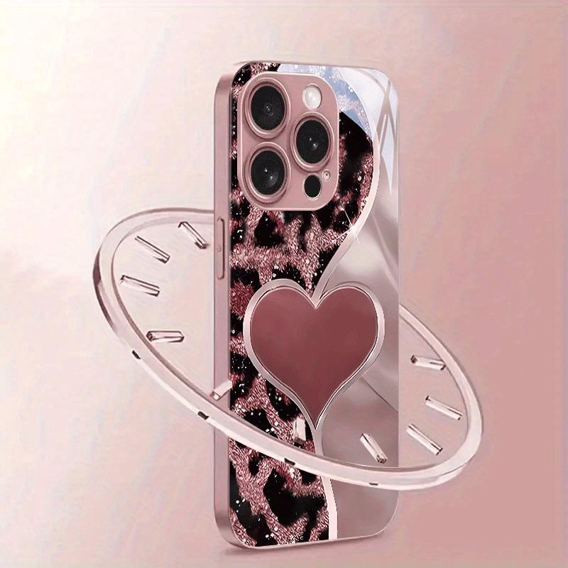Pink Leopard Heart Pattern Metallic Paint Glass Hard Phone Case For iPhone 17 Air 17 16 15 14 13 12 11 Pro Max Plus 16E Cover