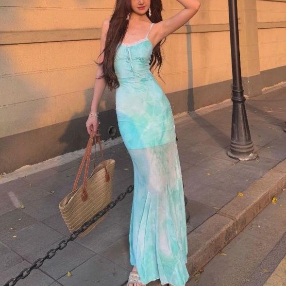 Mint green print mesh seaside vacation dress children summer sexy slim fit with suspenders fishtail dress