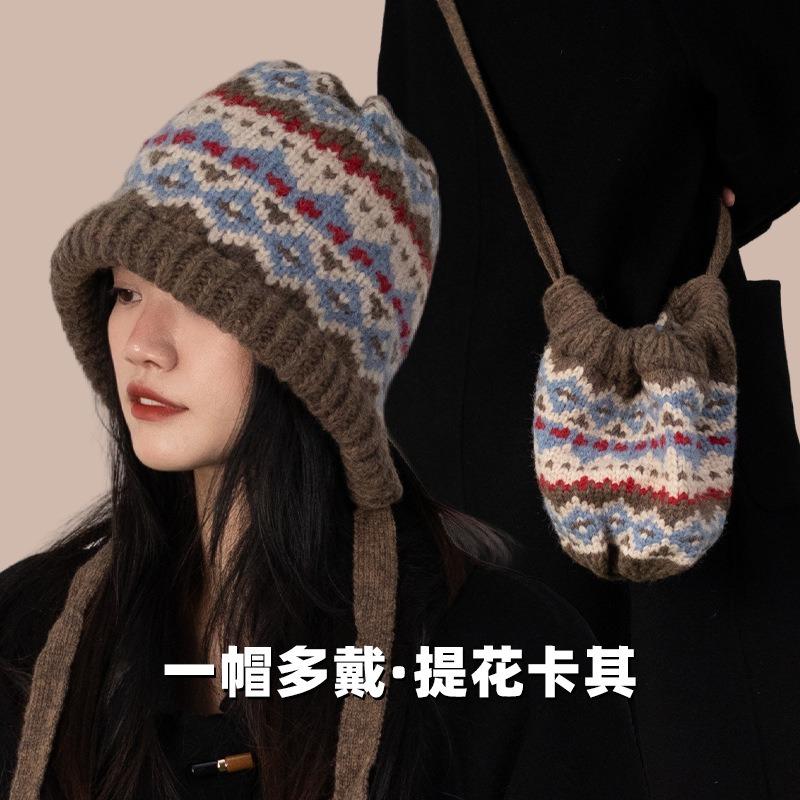 Balaclava hat, bag, wool hat, women's autumn and winter cute headgear, warm knitted hat, winter hat thickened
