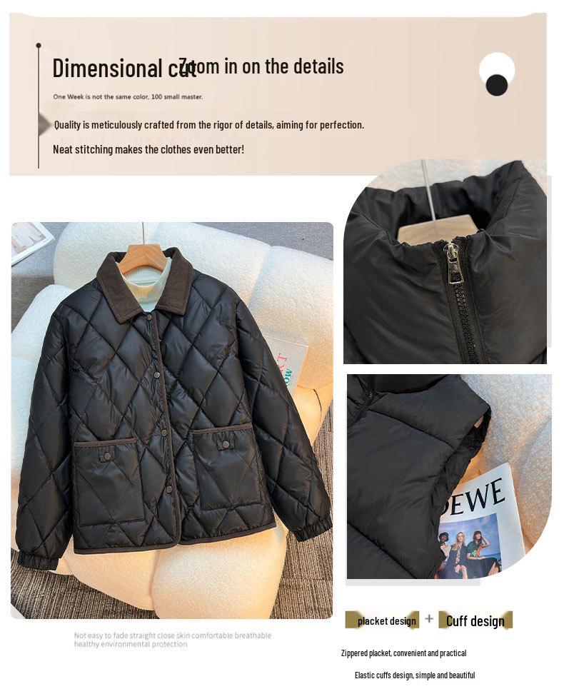 2025 Winter Korean Style Diamond Pattern Lapel Cotton Jacket - Stylish, Loose & Wash-free Women's Outerwear