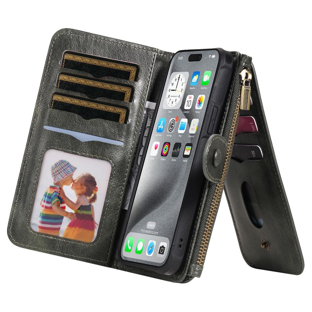 For iPhone 16 Pro Max Magnetic Case Detachable PU Leather Zipper Wallet Cover