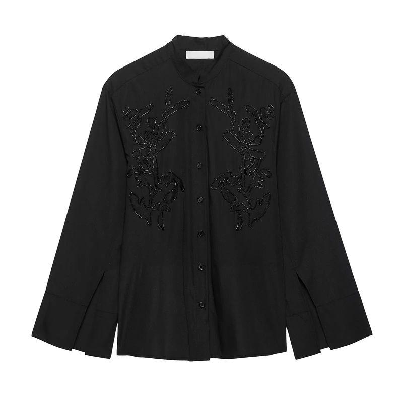 

Summer New Product Women s Clothes Straight-leg Hem Chinese Stand Collar Drop-Shoulder Long-Sleeve Embroider Cotton Shirt 1284333 Black L
