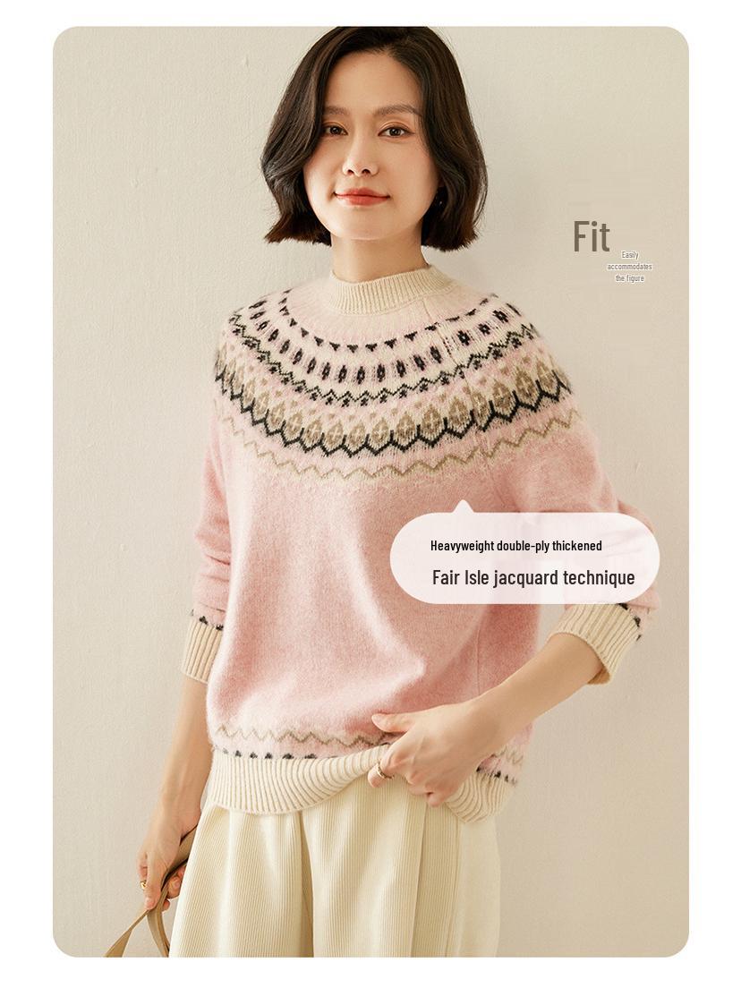 

Женский кашемировый свитер жаккардовой вязки Fair Isle - Универсальный трикотаж с круглым вырезом для осени/зимы L розовый/румянец
