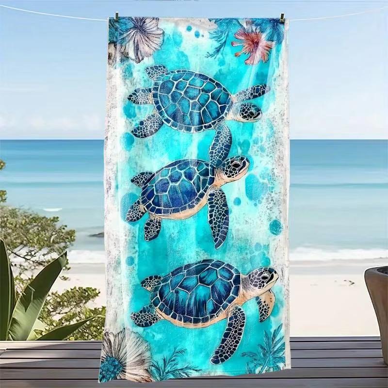 Trendy Sea Turtle Floral Print Beach Towel, Soft Microfiber Lightweight Quick Dry,Oversized for Travel Camping,Ocean Decor Towel